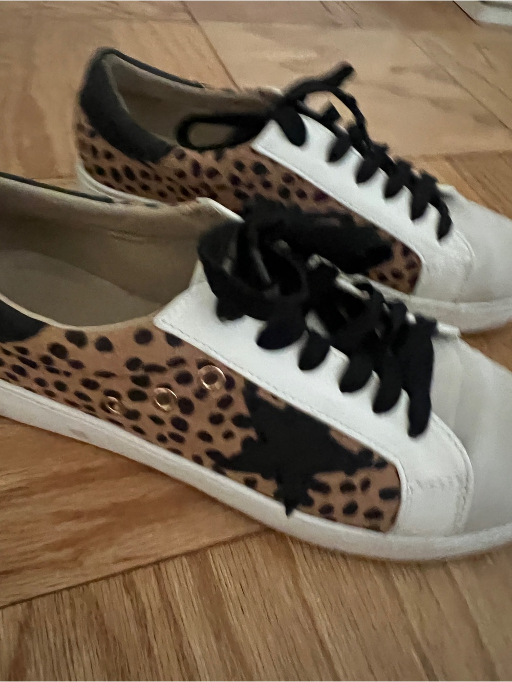 Vici Leopard-Panel Low-Top Sneakers in White, Black & Tan